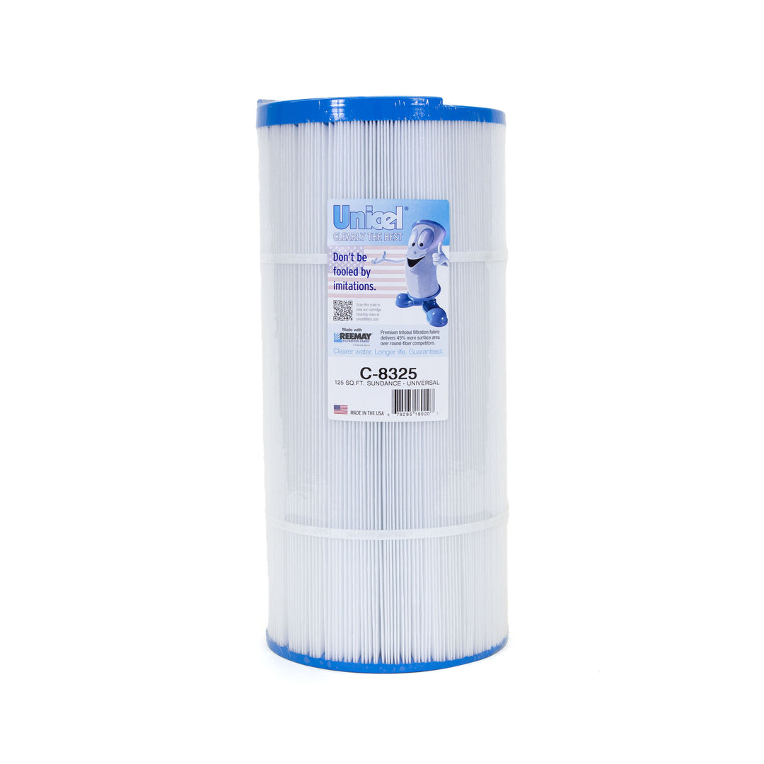Cylindrical white pool filter cartridge with blue edges and a label featuring a cartoon filter character and product details