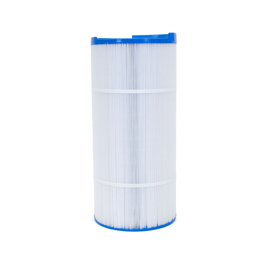 cylindrical white pool filter cartridge with fine pleated material and blue plastic caps on top and bottom