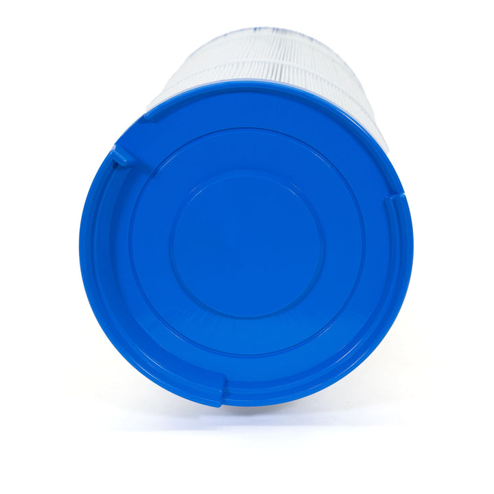 cylindrical white filter cartridge with fine pleated surface and solid blue plastic end cap placed on white surface