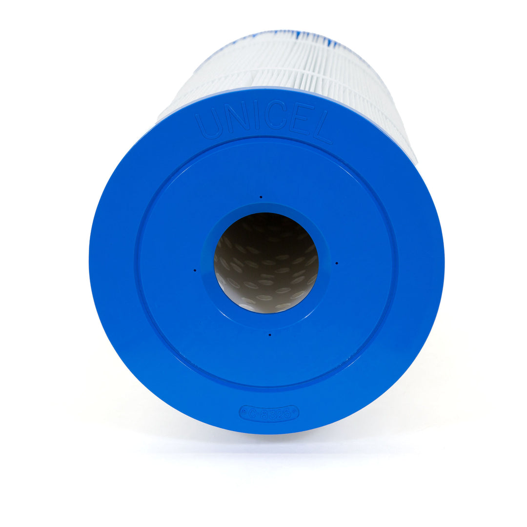 cylindrical white pleated filter cartridge with bright blue plastic end cap marked unicel and c8325 on white background