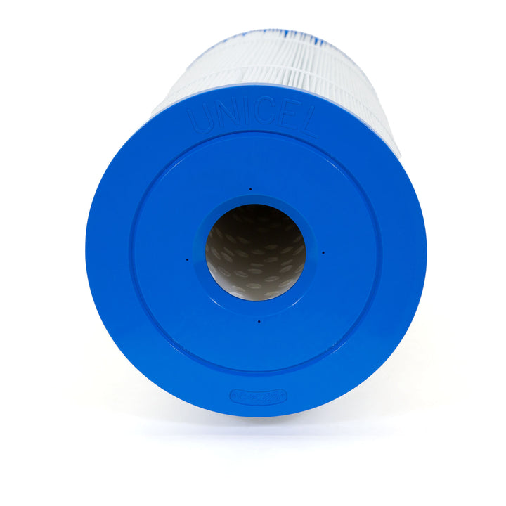 cylindrical white pleated filter cartridge with bright blue plastic end cap marked unicel and c8325 on white background