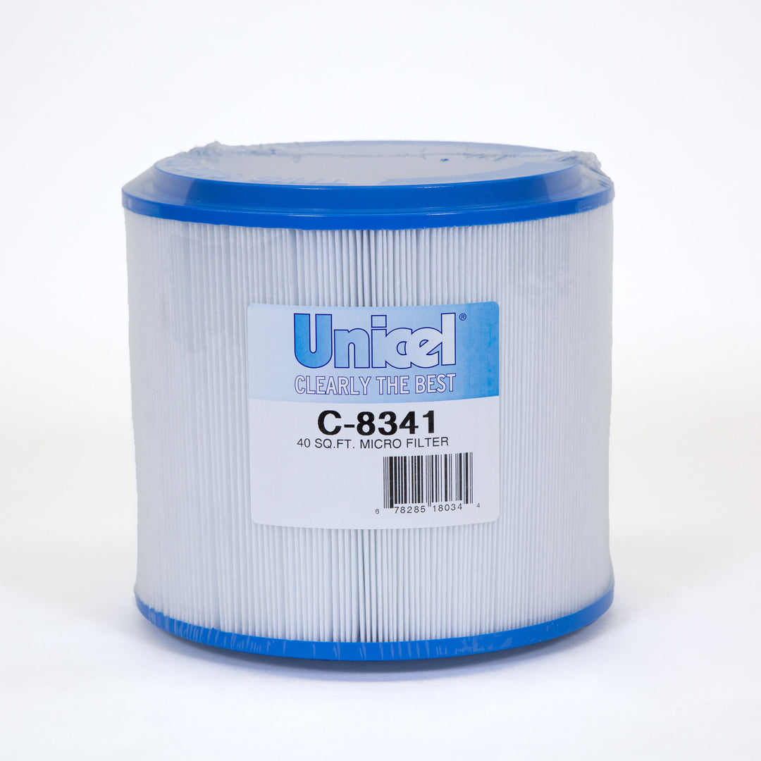 Cylindrical pool filter cartridge with blue top and bottom edges and white pleated body with barcode label