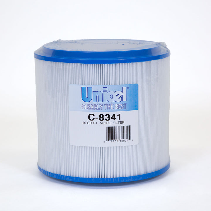 Cylindrical pool filter cartridge with blue top and bottom edges and white pleated body with barcode label