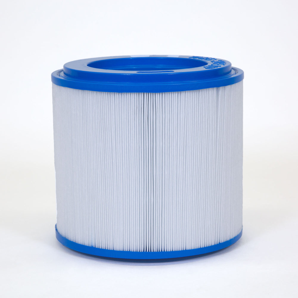cylindrical cartridge filter with white pleated paper and blue plastic top and bottom edges on a white background