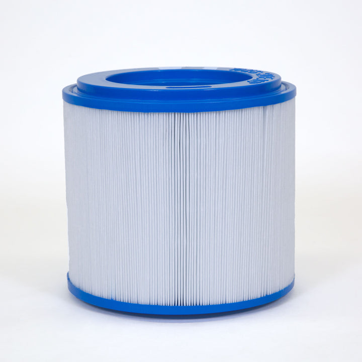 cylindrical cartridge filter with white pleated paper and blue plastic top and bottom edges on a white background