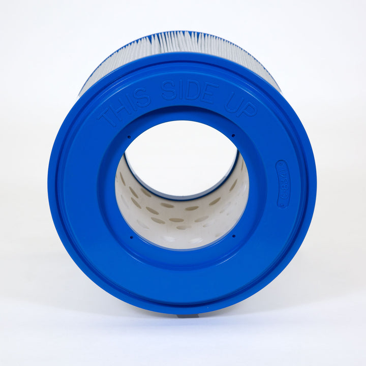 Cylindrical micro filter cartridge with pleated white filtering material and blue plastic end cap marked with C-8341
