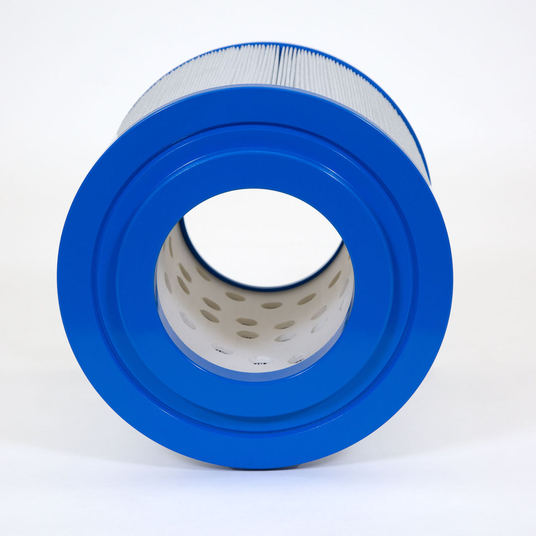 Cylindrical pool filter cartridge with blue end caps and white pleated filter material in the center