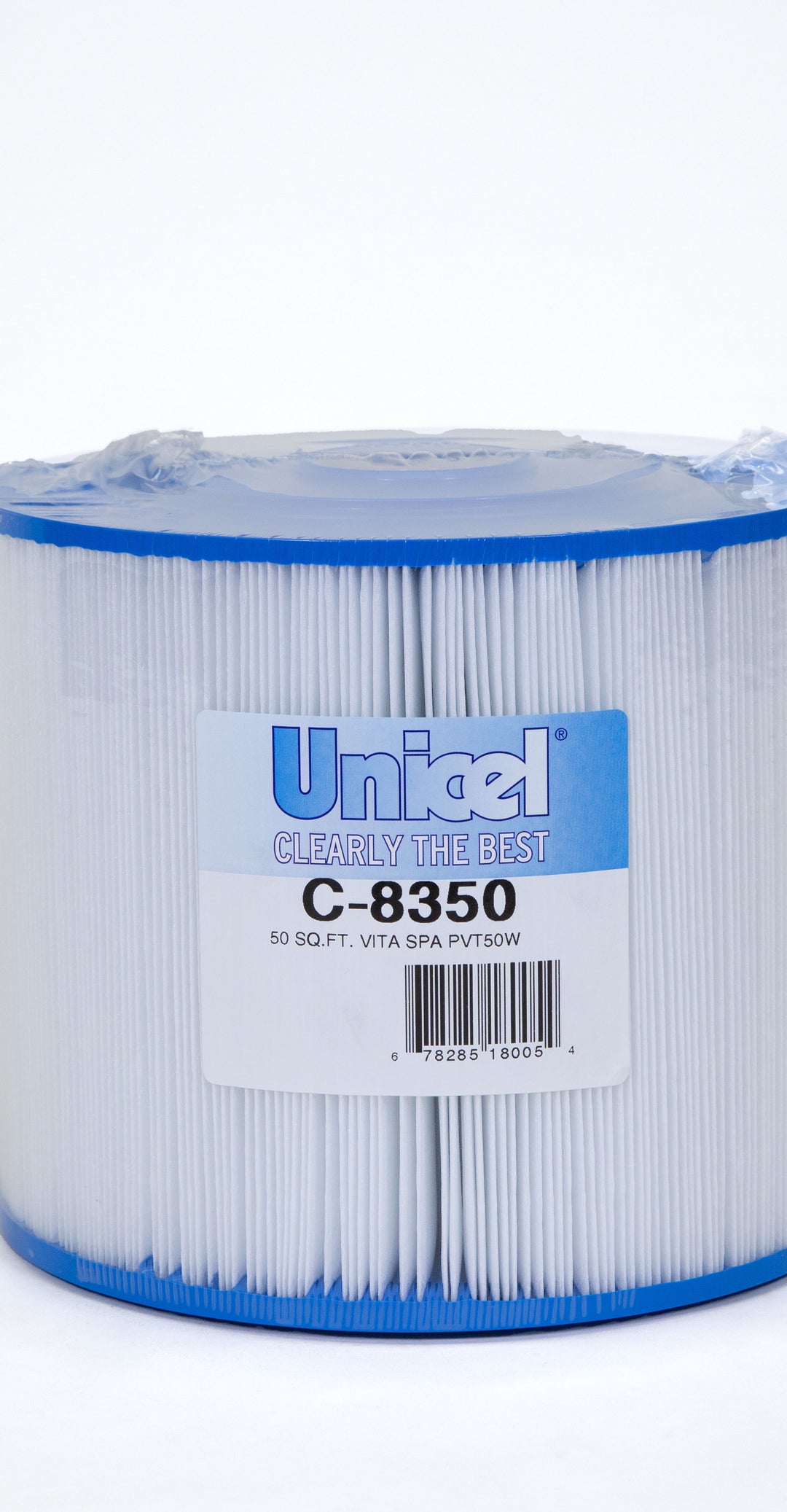 cylindrical pool spa filter cartridge with blue plastic edges and pleated white filter material wrapped in plastic with label