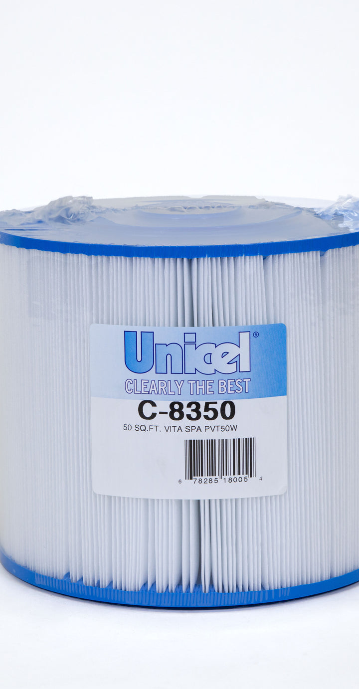 cylindrical pool spa filter cartridge with blue plastic edges and pleated white filter material wrapped in plastic with label