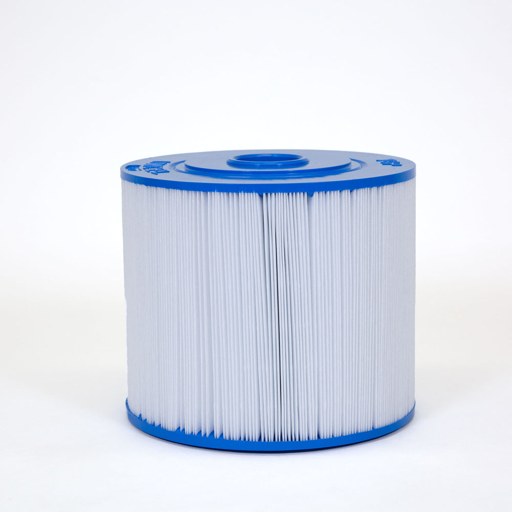 cylindrical pool filter cartridge with blue plastic ends and white pleated fabric in the middle on a white background
