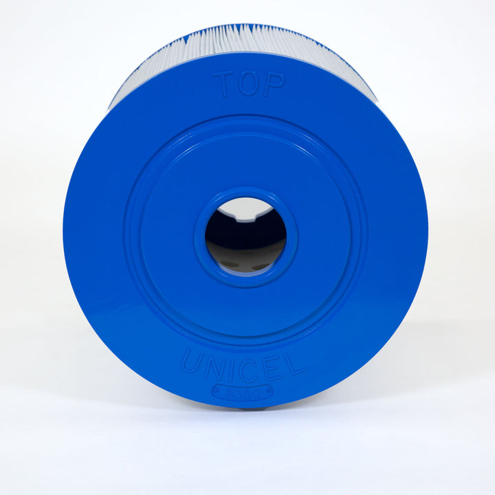 Cylindrical blue plastic pool filter cartridge with central hole and pleated white filtering material wrapped around it