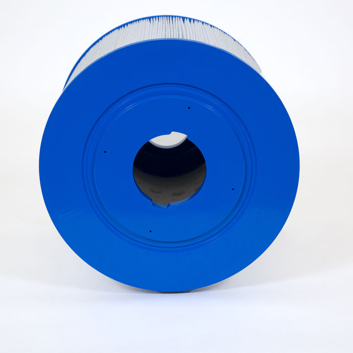 cylindrical pool filter cartridge with white pleated material and blue plastic end caps shown from the top end