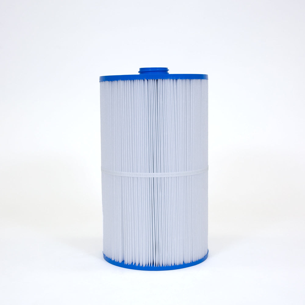cylindrical replacement filter cartridge with white pleated material and blue caps on top and bottom