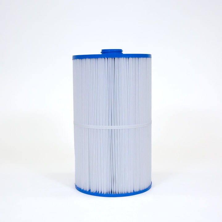 cylindrical replacement filter cartridge with white pleated material and blue caps on top and bottom