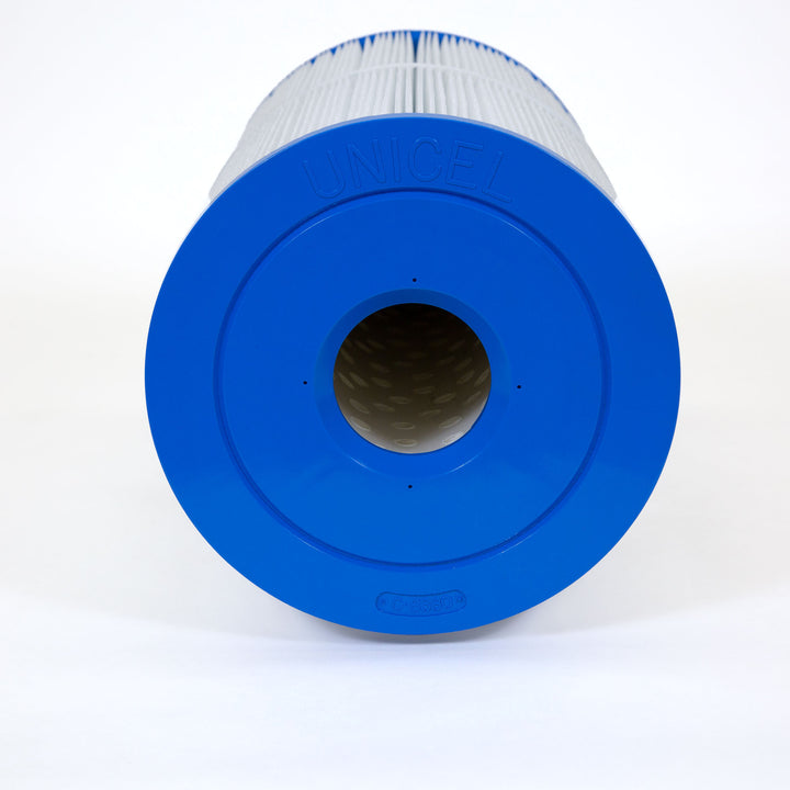 cylindrical white pleated filter cartridge with blue end cap featuring central hole and embossed brand name Unicel