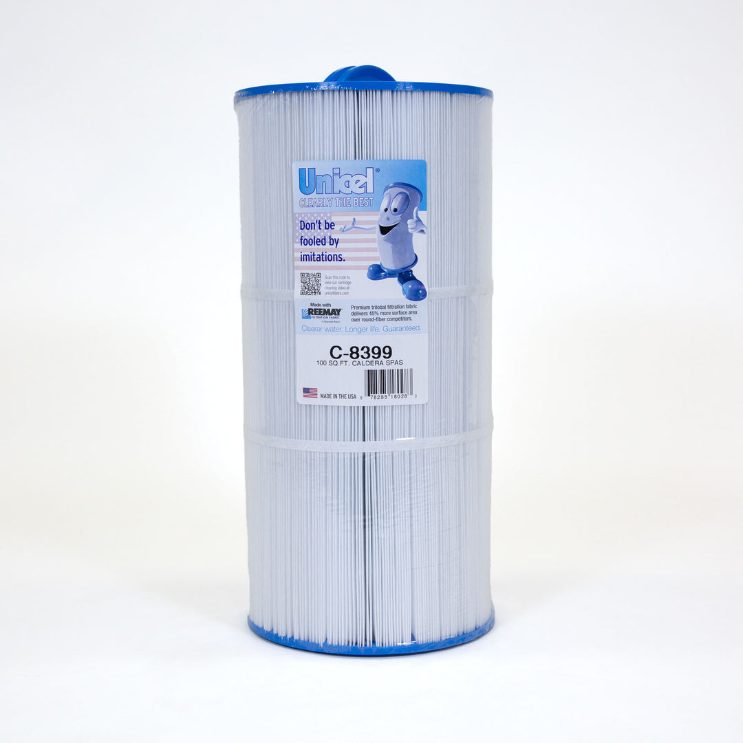 cylindrical white replacement filter cartridge with blue ends and a label featuring a smiling cartoon filter character