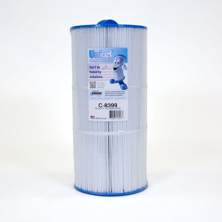 cylindrical white replacement filter cartridge with blue ends and a label featuring a smiling cartoon filter character