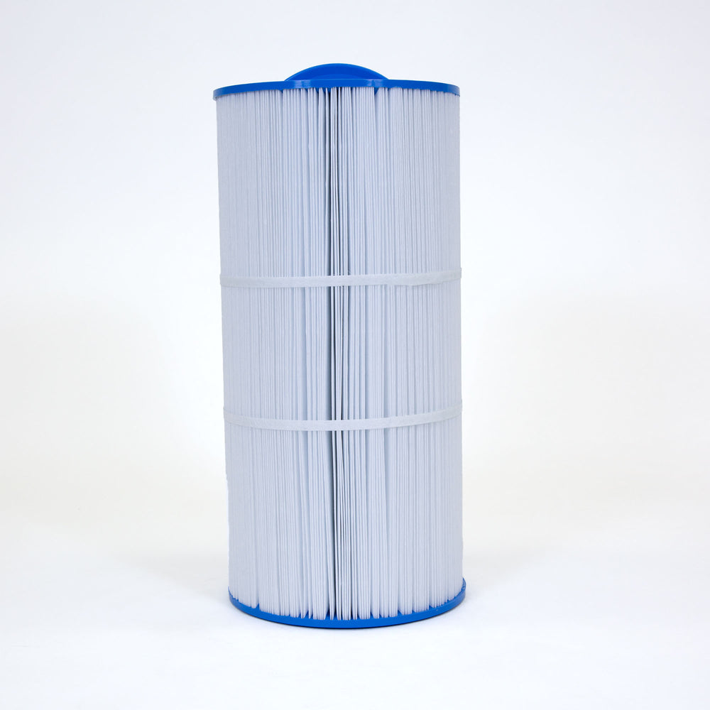 cylindrical white pleated filter cartridge with blue caps on top and bottom for spa filtration