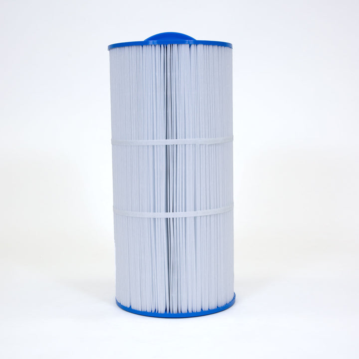 cylindrical white pleated filter cartridge with blue caps on top and bottom for spa filtration