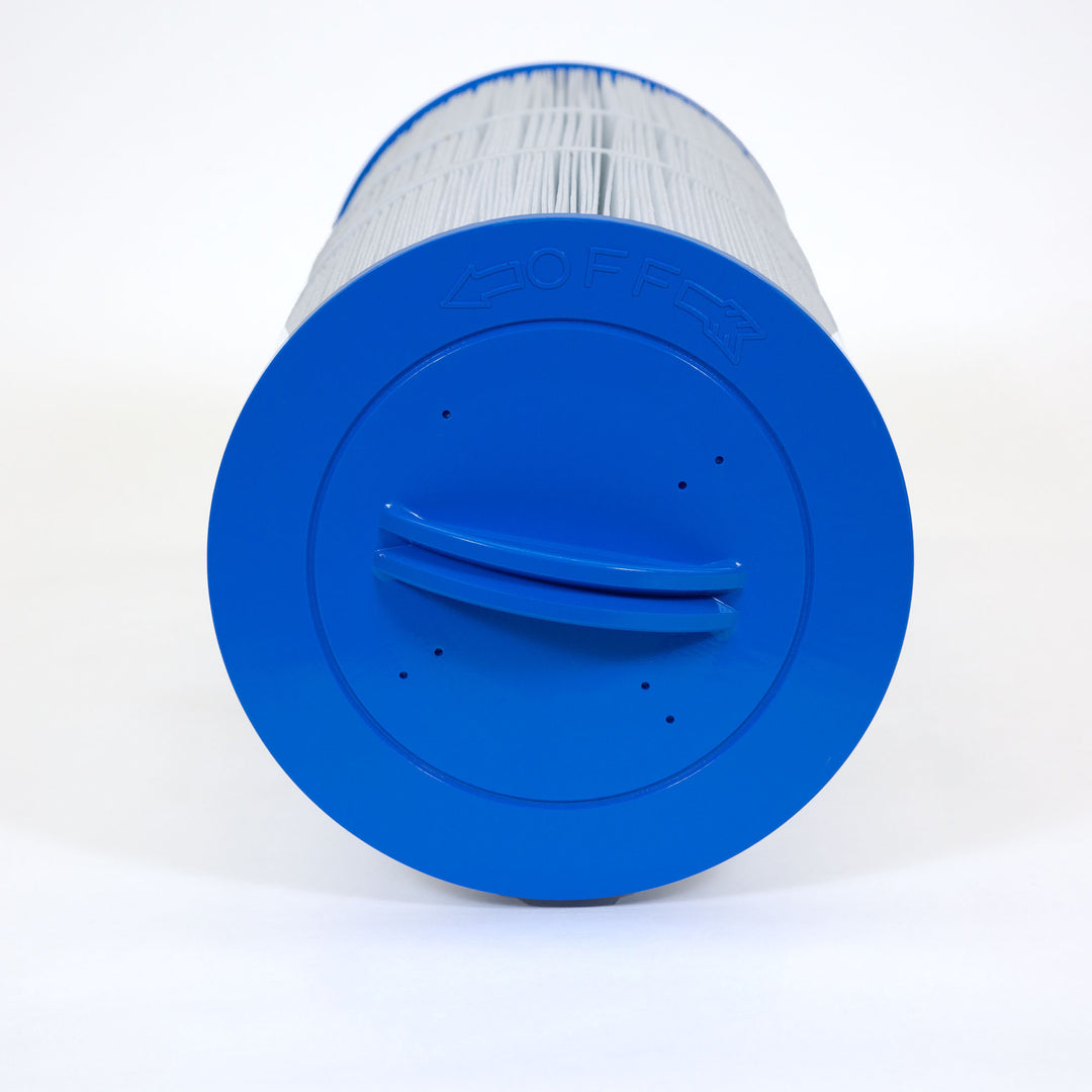 cylindrical pool or spa filter cartridge with blue plastic ends and pleated white filter material around the body