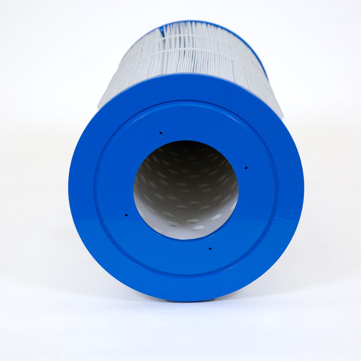 Cylindrical replacement filter cartridge with blue plastic ends and white pleated filter material in the middle