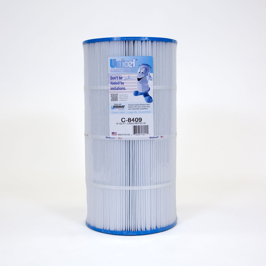 cylindrical white pool filter cartridge with blue edges and a label featuring a cartoon filter character