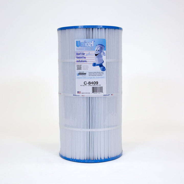 cylindrical white pool filter cartridge with blue edges and a label featuring a cartoon filter character