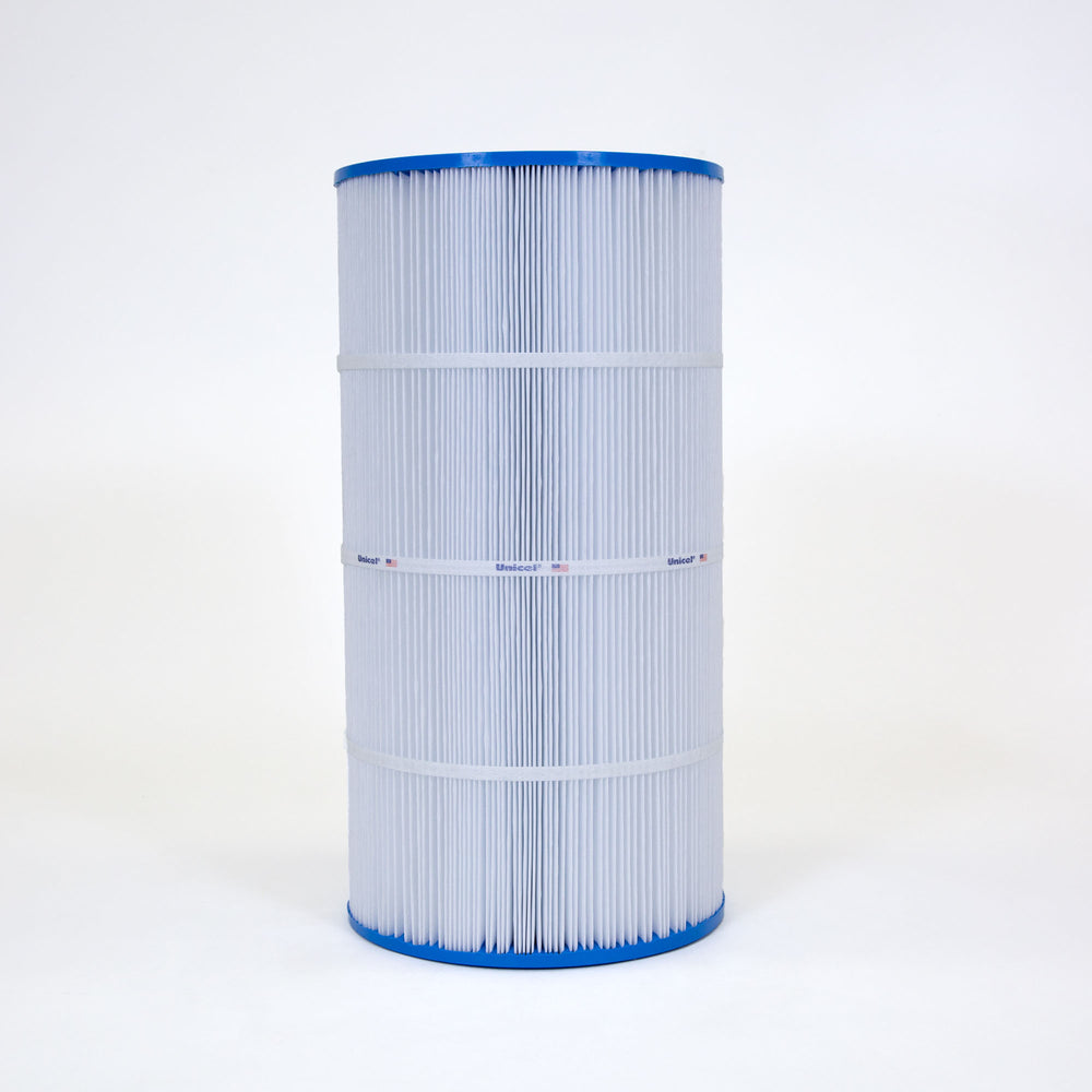 Tall cylindrical white pool filter cartridge with blue top and bottom rims and three white bands around its pleated surface