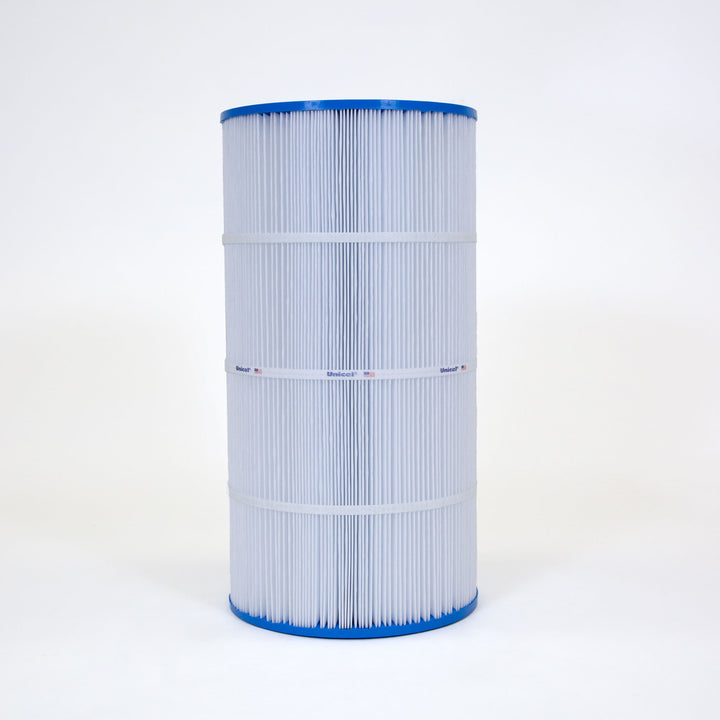 Tall cylindrical white pool filter cartridge with blue top and bottom rims and three white bands around its pleated surface