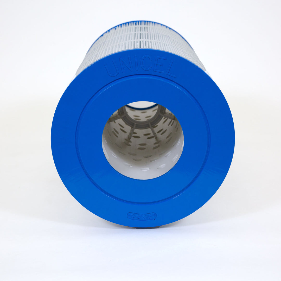 cylindrical pool filter cartridge with blue end caps and pleated white filter material on a white background