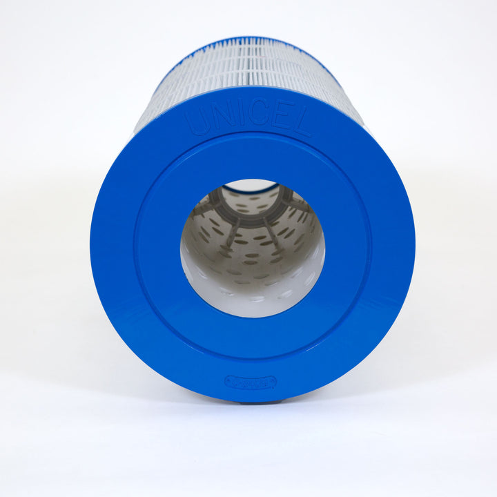 cylindrical pool filter cartridge with blue end caps and pleated white filter material on a white background