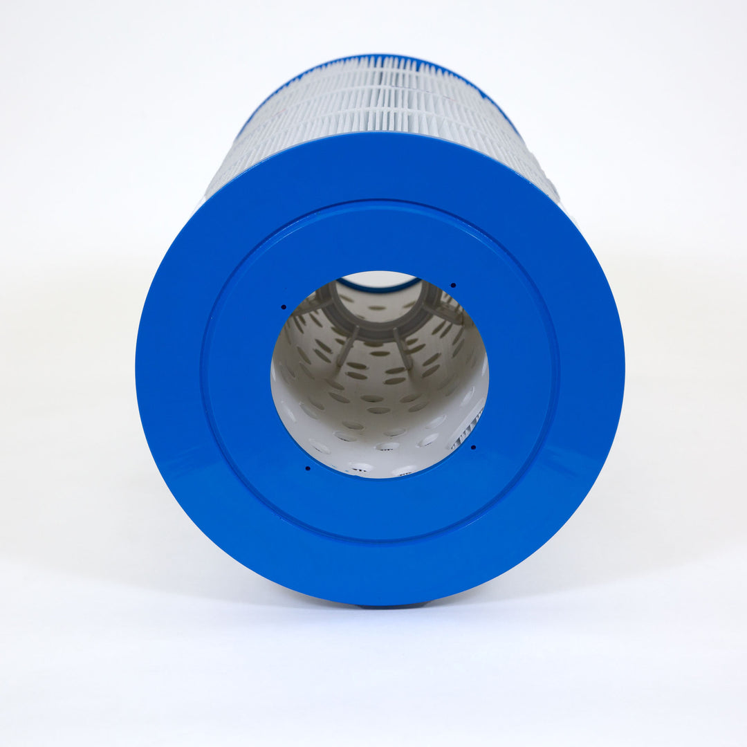 cylindrical pool filter cartridge with blue end caps and white pleated filter material on white background