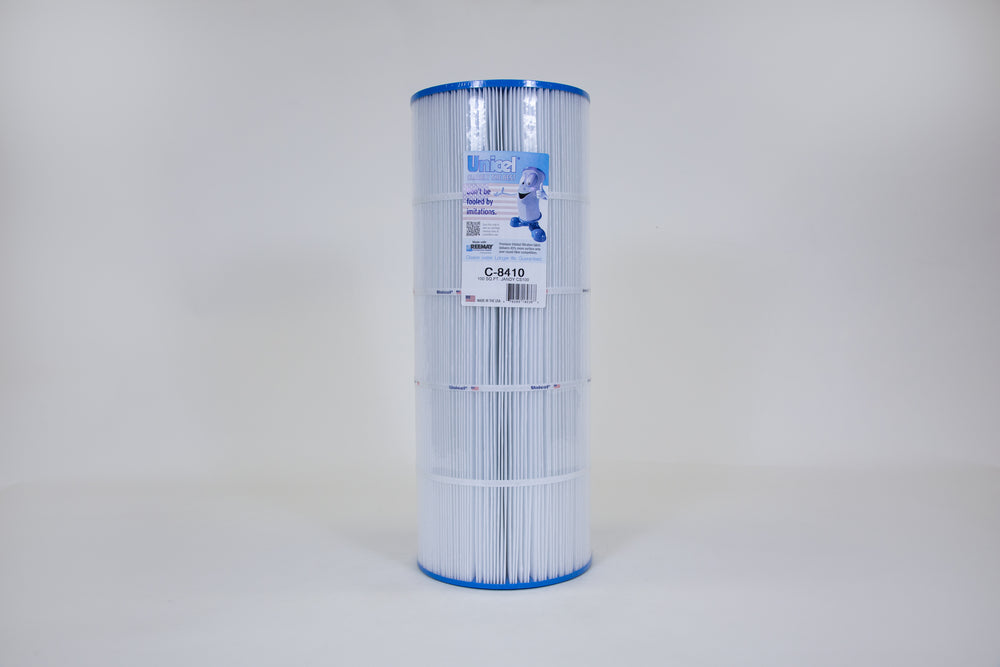 Cylindrical pleated pool filter cartridge with blue ends and a white label featuring branding and product details