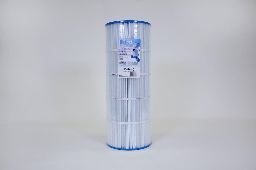Cylindrical pleated pool filter cartridge with blue ends and a white label featuring branding and product details