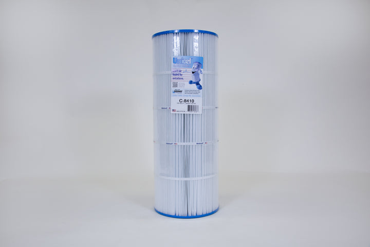 Cylindrical pleated pool filter cartridge with blue ends and a white label featuring branding and product details