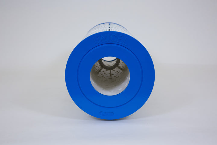 cylindrical replacement filter cartridge with blue end caps and white pleated filter material visible through perforations