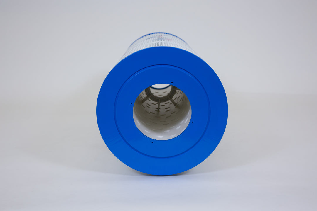 cylindrical pool filter cartridge with blue end caps and white pleated filter material on a plain white background