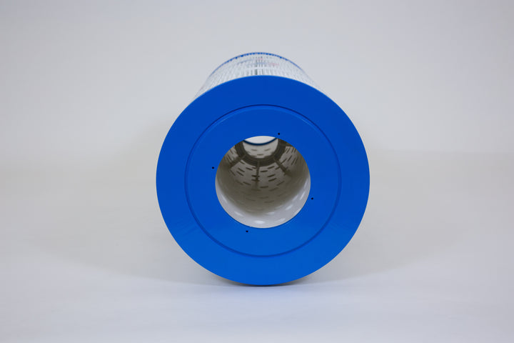 cylindrical pool filter cartridge with blue end caps and white pleated filter material on a plain white background