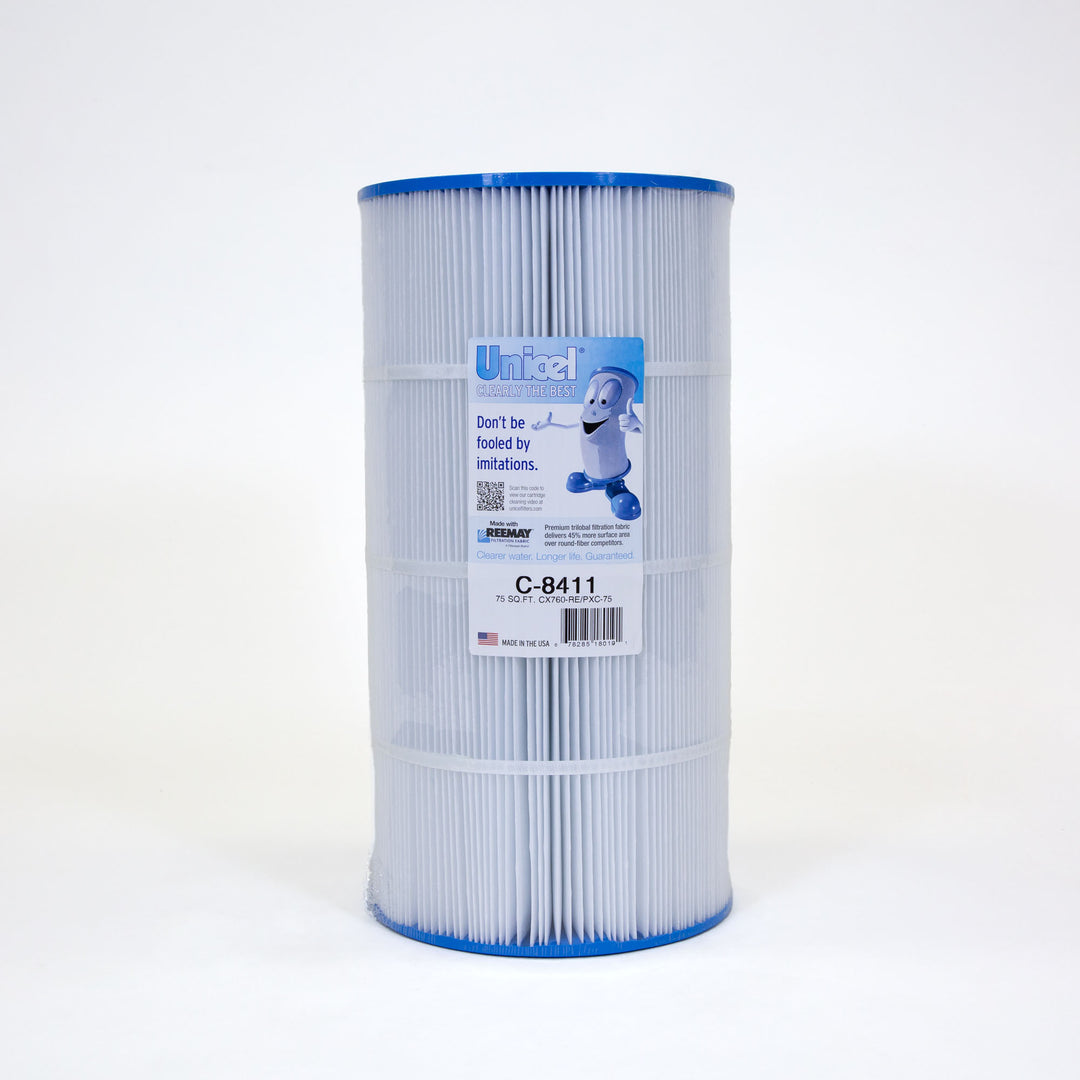 cylindrical white pool filter cartridge with blue edges and a label featuring a cartoon filter mascot and product information