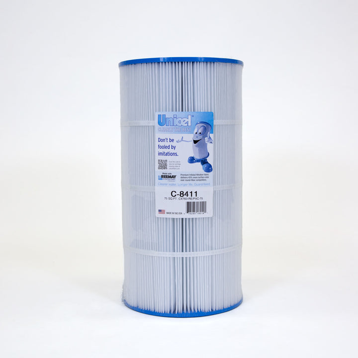 cylindrical white pool filter cartridge with blue edges and a label featuring a cartoon filter mascot and product information