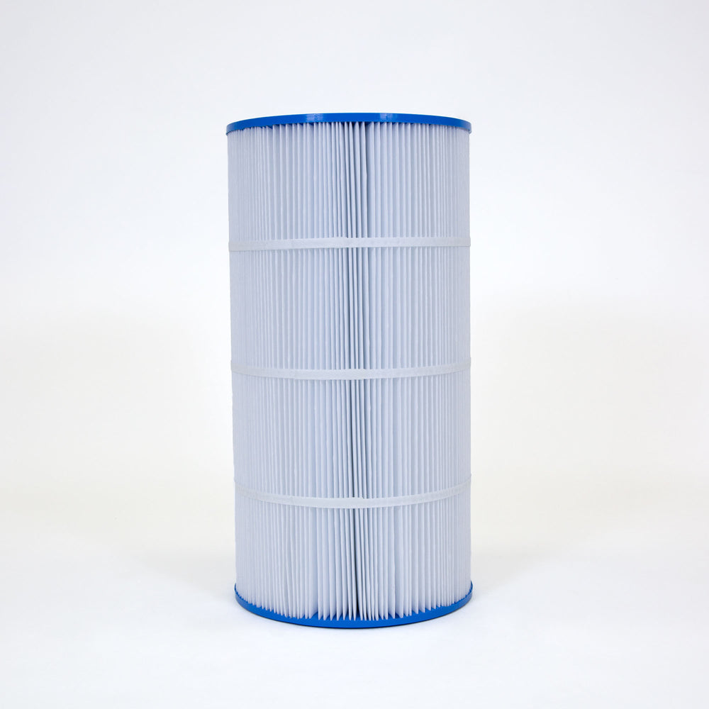 Tall cylindrical water filter cartridge with white pleated material and blue rims on top and bottom standing on white background