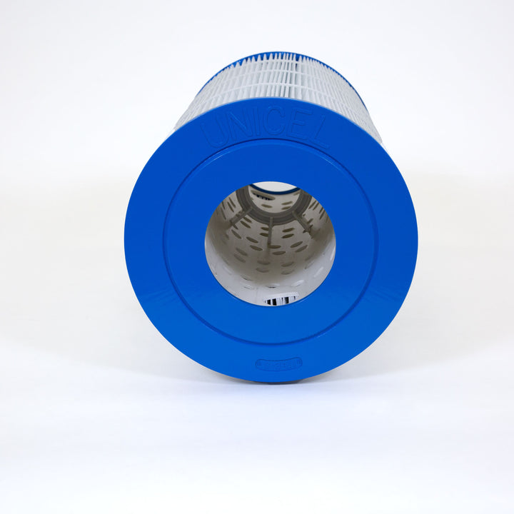 cylindrical pool filter cartridge with blue plastic ends and white pleated filter material in the middle