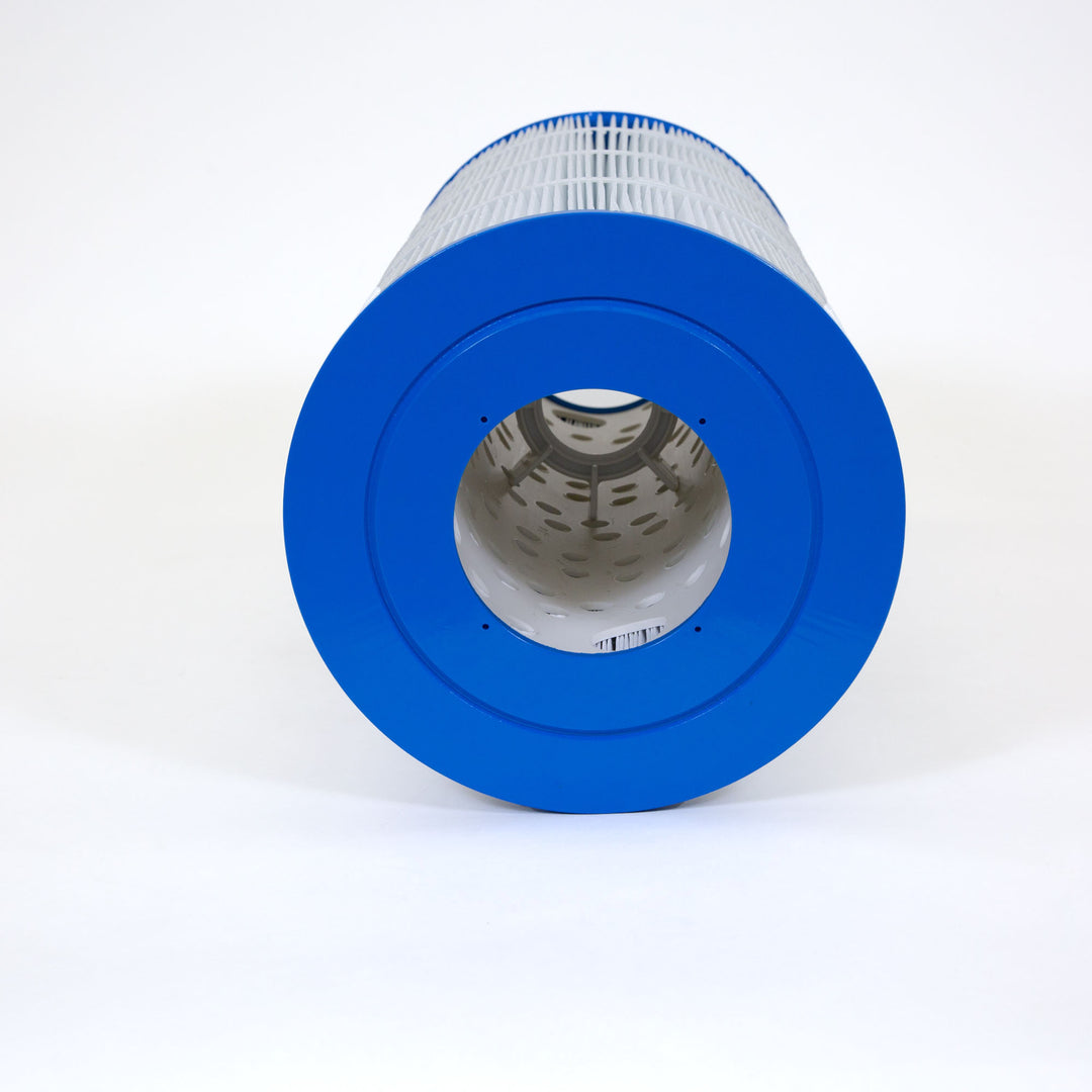 Cylindrical pool filter cartridge with white pleated filtering material and solid blue plastic end cap with central opening