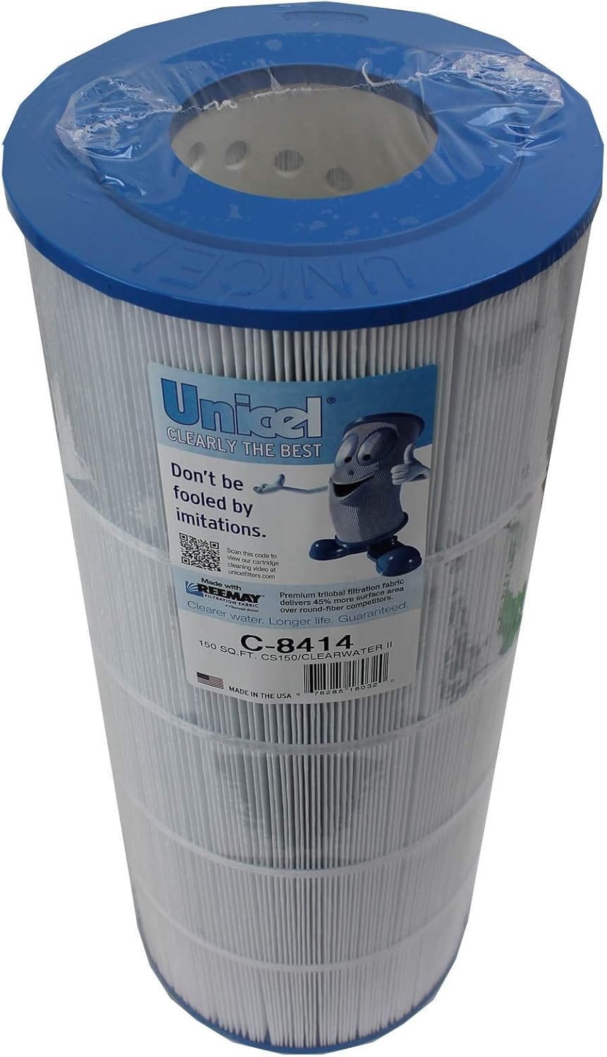 replacement filter cartridge with blue plastic edges and white pleated filtration fabric wrapped in plastic