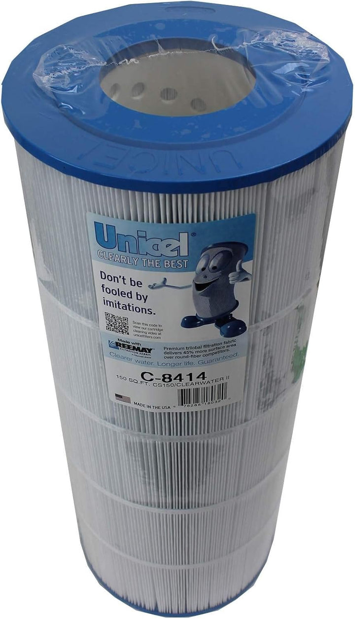 replacement filter cartridge with blue plastic edges and white pleated filtration fabric wrapped in plastic