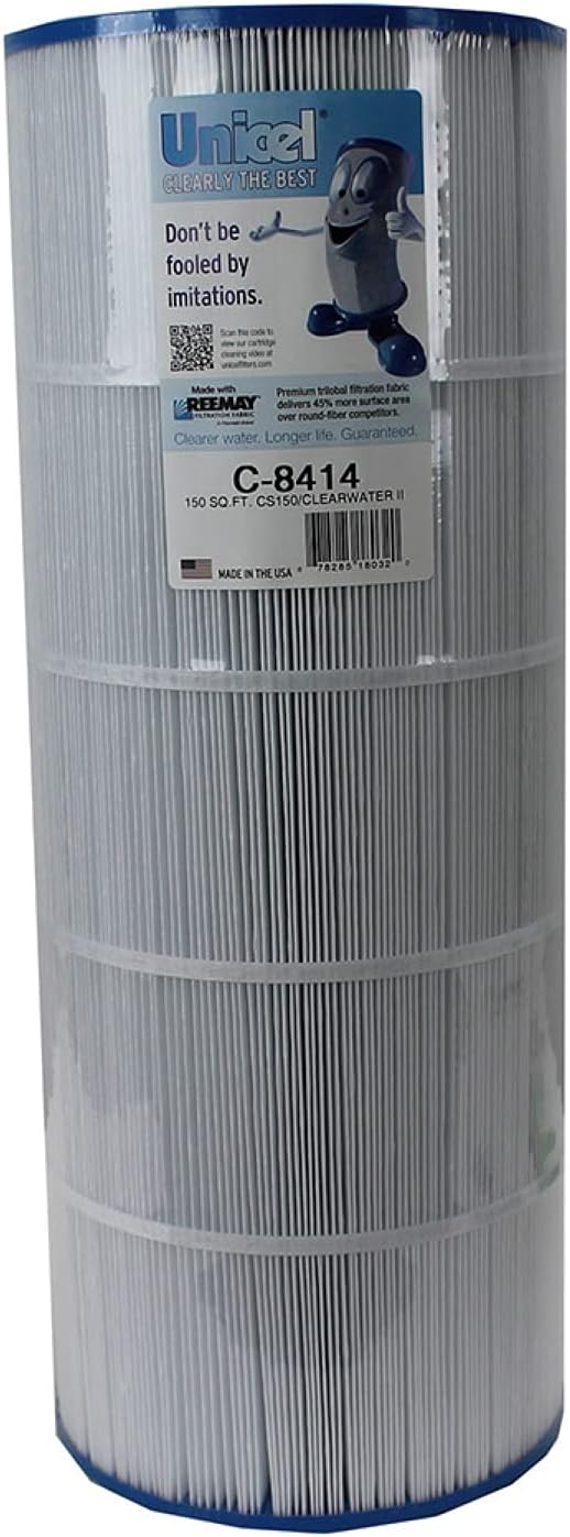 cylindrical pool filter cartridge with white pleated filtering material and blue edges labeled unicel c-8414