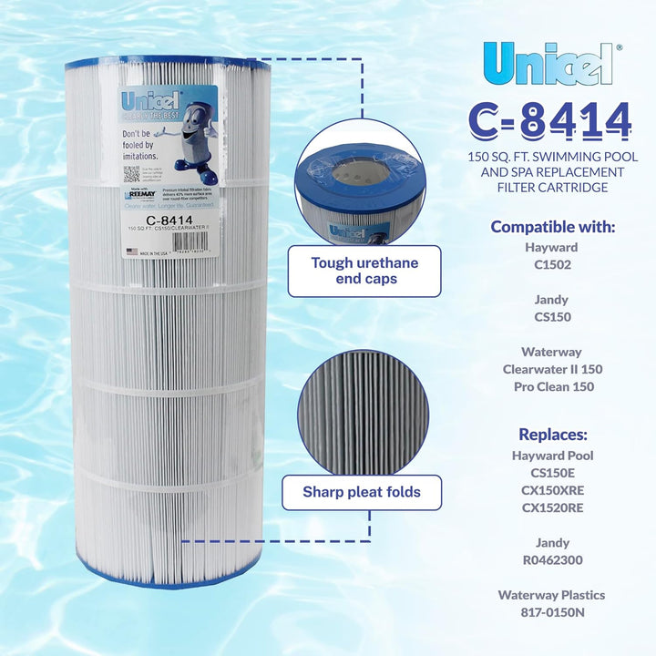 Cylindrical pool filter cartridge with white pleated fabric and blue urethane end caps shown close up with text on compatibility and features