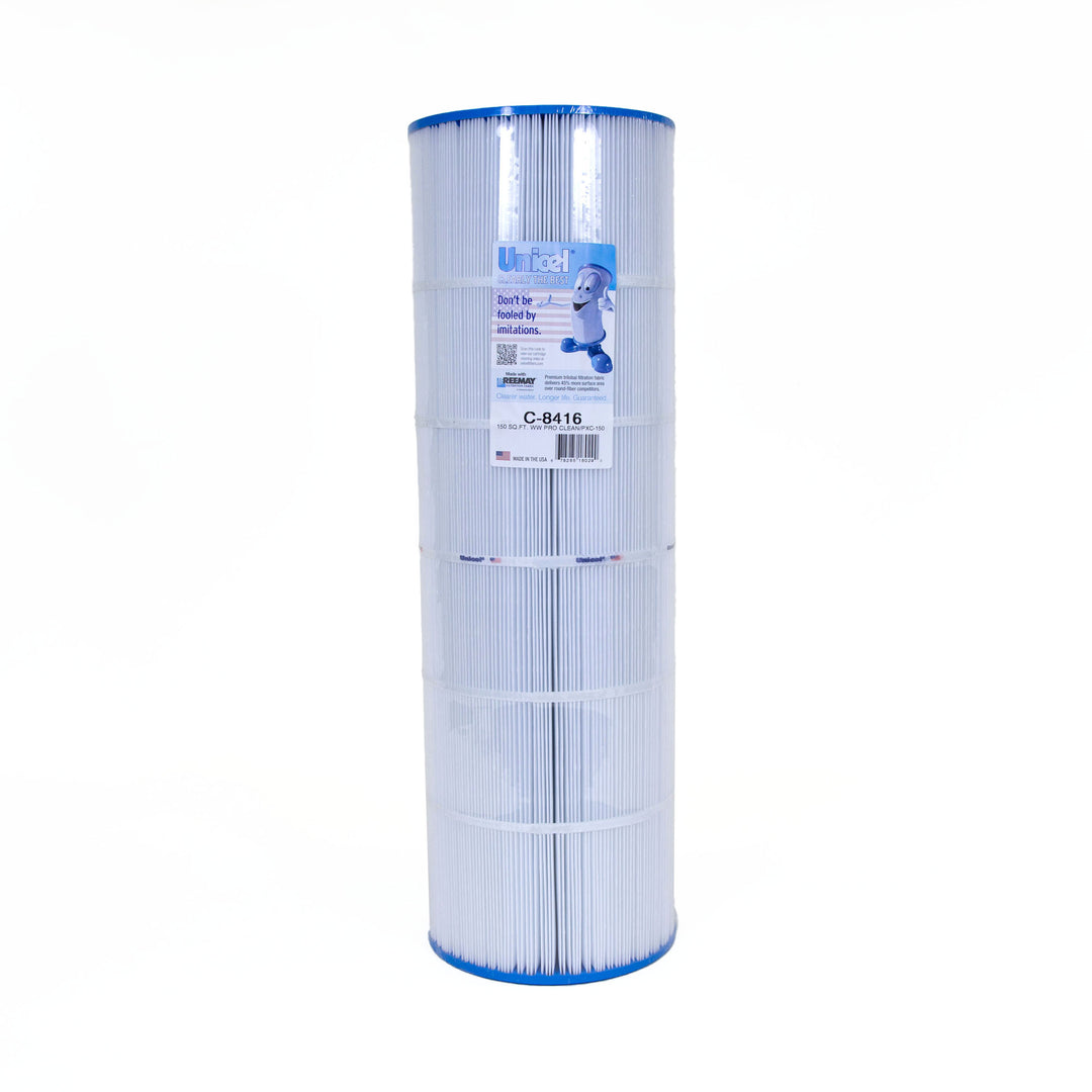 tall cylindrical pleated pool filter cartridge with white body and blue edges showing a label with brand and product details
