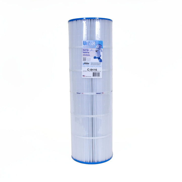tall cylindrical pleated pool filter cartridge with white body and blue edges showing a label with brand and product details