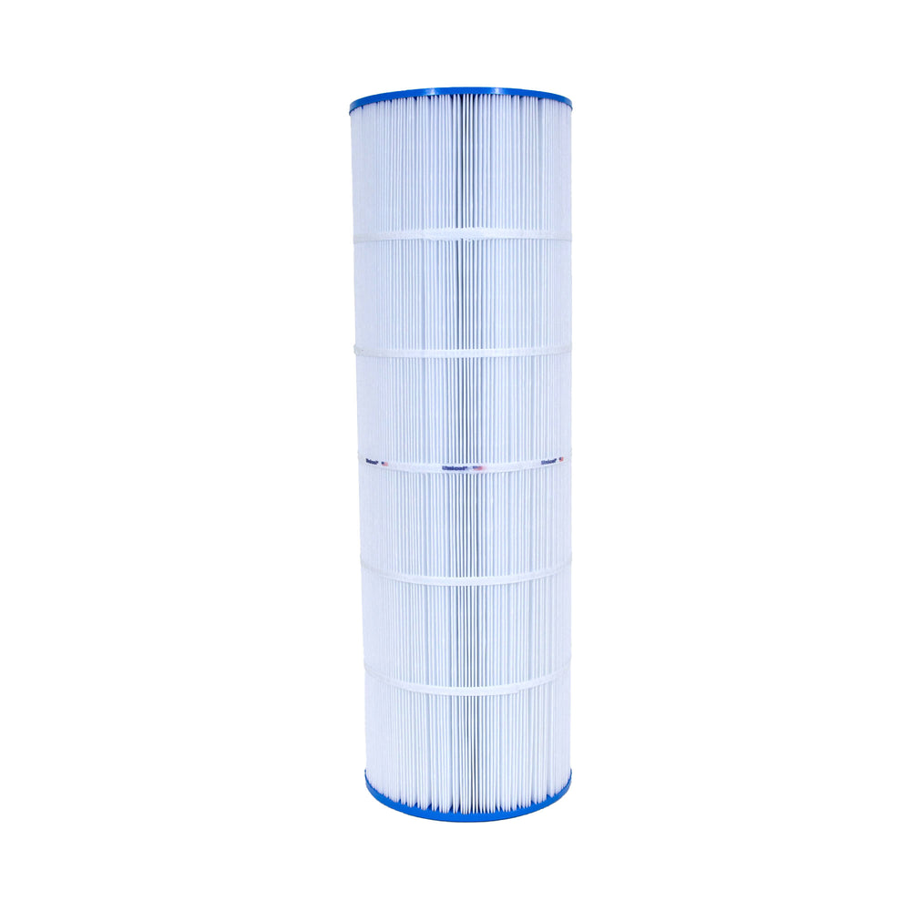 cylindrical pleated pool filter cartridge with a blue rim top and bottom shown against a white background